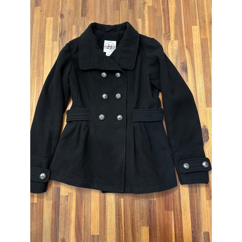 Hydraulic Pea Coat Womens Small Black Excellent Double Breasted Peplum Jacket